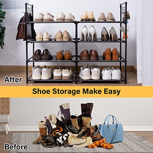 Elechotfly Shoe Rack, 16-20 Pairs Shoe Storage Organizer, 4 Tiers Shoe Stand, Easy Assembly Stackable Sturdy Shoe Tower with 2 Hooks, Metal Shoe Shelf for Entryway, Closet, Garage, Bedroom, Cloakroom