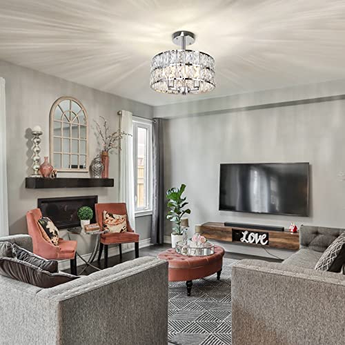 Cunfash 3-Light Round Crystal Ceiling Light Fixture Modern Semi Flush Mount Chandelier, 12.6" Chrome Kitchen Ceiling Light Fixtures with Cylinder Drum Shade for Hallway Closet Dining Room Bedroom