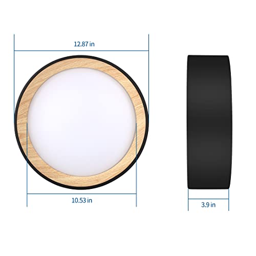 DAKASON LED Flush Mount Ceiling Light Fixture 13'' 25W 1500LM, 3000/4000/5000K CCT Selectable, Painted Woodgrain and Black Frame, Dimmable Modern LED Ceiling Light for Kitchen, Hallway, Living Room