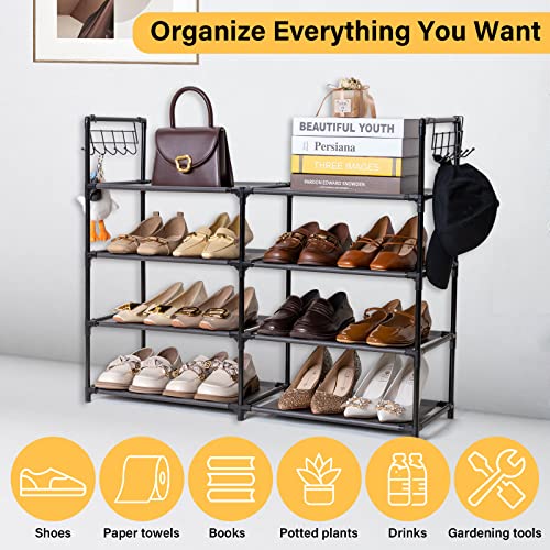 Elechotfly Shoe Rack, 16-20 Pairs Shoe Storage Organizer, 4 Tiers Shoe Stand, Easy Assembly Stackable Sturdy Shoe Tower with 2 Hooks, Metal Shoe Shelf for Entryway, Closet, Garage, Bedroom, Cloakroom