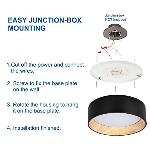 DAKASON LED Flush Mount Ceiling Light Fixture 13'' 25W 1500LM, 3000/4000/5000K CCT Selectable, Painted Woodgrain and Black Frame, Dimmable Modern LED Ceiling Light for Kitchen, Hallway, Living Room