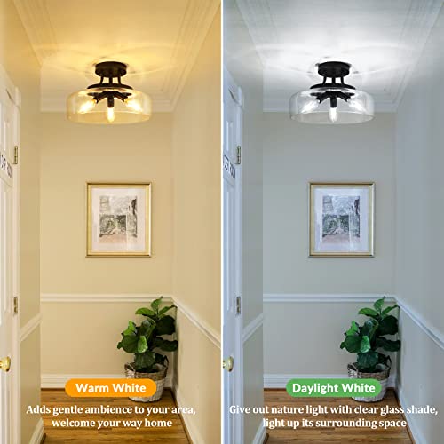 Modern Industrial Semi Flush Mount Ceiling Light with Clear Glass Shade, 3-Bulb Black Ceiling Light Fixture for Kitchen Bedroom Living Room Porch Hallway Entryway, E12 Socket, Bulbs Not Included