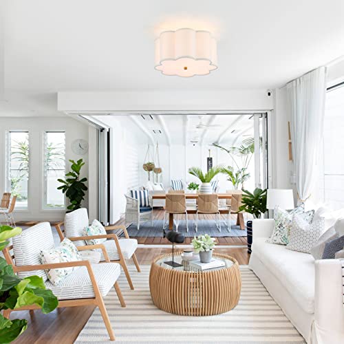MhyTogn Semi Flush Mount Ceiling Light Fixture, Modern Close to Ceiling Lamp with Cream White Fabric Drum Shade for Nursery Kids Room Bedroom Kitchen Hallway Entryway 3-Light