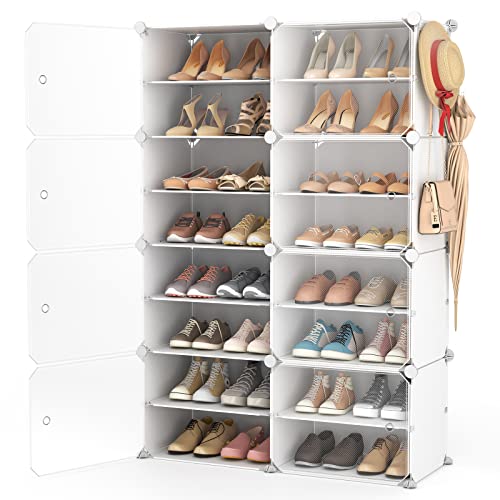 LANTEFUL Shoe Rack Organizer Shoe Storage Cabinet 8 Tiers 32 Pair Portable Shoe Storage Sturdy Plastic White Shoe Shelf with Hooks Shoe Rack with Door for Entryway, Bedroom and Hallway
