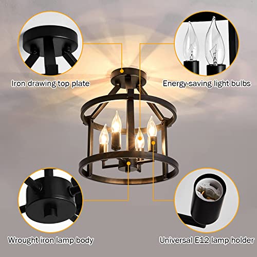 UOFUS 2-Pack Semi Flush Mount Ceiling Light Fixture Farmhouse Matte Chandelier Ceiling Lamp for Entryway Foyer Dining Room Bedroom Kitchen Hallway （Black Metal ）