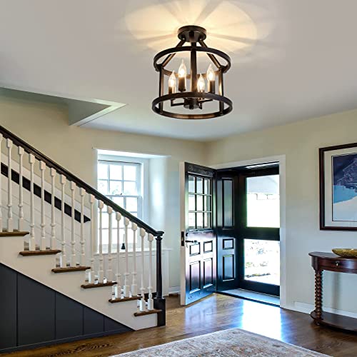 UOFUS 2-Pack Semi Flush Mount Ceiling Light Fixture Farmhouse Matte Chandelier Ceiling Lamp for Entryway Foyer Dining Room Bedroom Kitchen Hallway （Black Metal ）