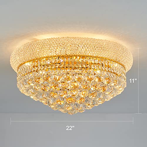 chandiry 9-Light Crystal Flush Mount Chandelier Ceiling Light Fixture for Dining Room Living Room Foyer Kitchen Entryway Hallway Bedroom (Gold D22)