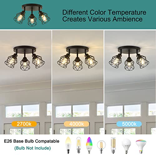Kitchen Light Fixtures Ceiling Mount, 3-Lights Multi-Directional Rotating Iron Lamp Shade, Black Flush Mount Ceiling Light Fixtures for Farmhouse, Hallway, entryway, Etc (E26 Bulb Not Included)