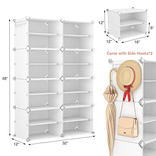 LANTEFUL Shoe Rack Organizer Shoe Storage Cabinet 8 Tiers 32 Pair Portable Shoe Storage Sturdy Plastic White Shoe Shelf with Hooks Shoe Rack with Door for Entryway, Bedroom and Hallway