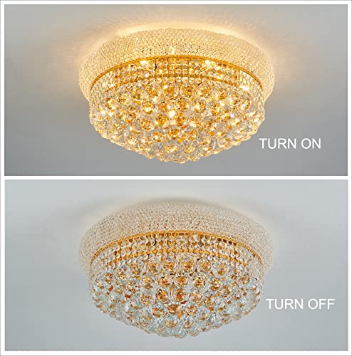 chandiry 9-Light Crystal Flush Mount Chandelier Ceiling Light Fixture for Dining Room Living Room Foyer Kitchen Entryway Hallway Bedroom (Gold D22)