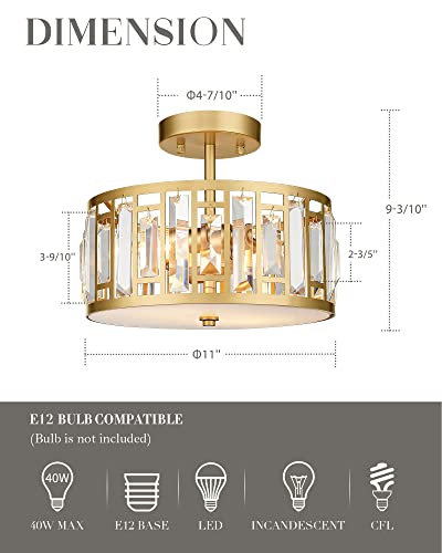 Cargifak Crystal Ceiling Light, 2-Light Gold Flush Mount Light Fixture, Drum Flush Mount Chandelier for Hallway Bedroom Bathroom Kitchen Laundry, CL5606-2W-G