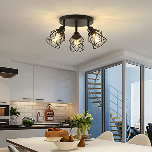 Kitchen Light Fixtures Ceiling Mount, 3-Lights Multi-Directional Rotating Iron Lamp Shade, Black Flush Mount Ceiling Light Fixtures for Farmhouse, Hallway, entryway, Etc (E26 Bulb Not Included)