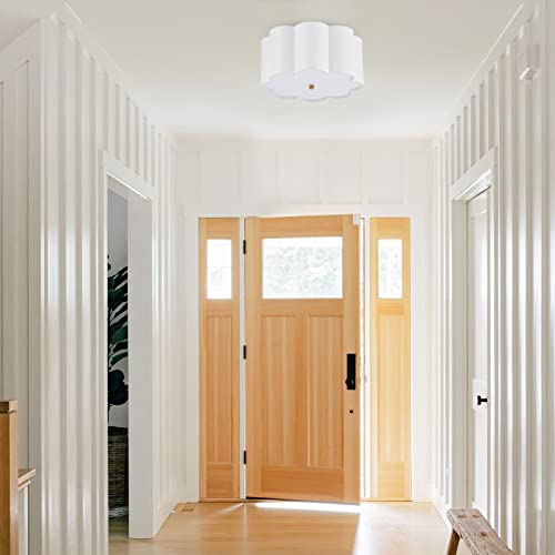 MhyTogn Semi Flush Mount Ceiling Light Fixture, Modern Close to Ceiling Lamp with Cream White Fabric Drum Shade for Nursery Kids Room Bedroom Kitchen Hallway Entryway 3-Light