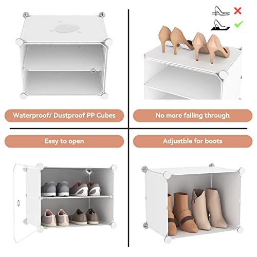 LANTEFUL Shoe Rack Organizer Shoe Storage Cabinet 8 Tiers 32 Pair Portable Shoe Storage Sturdy Plastic White Shoe Shelf with Hooks Shoe Rack with Door for Entryway, Bedroom and Hallway