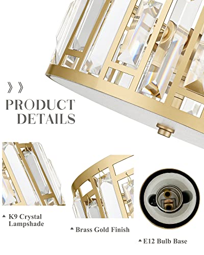 Cargifak Crystal Ceiling Light, 2-Light Gold Flush Mount Light Fixture, Drum Flush Mount Chandelier for Hallway Bedroom Bathroom Kitchen Laundry, CL5606-2W-G