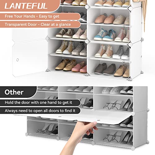 LANTEFUL Shoe Rack Organizer Shoe Storage Cabinet 8 Tiers 32 Pair Portable Shoe Storage Sturdy Plastic White Shoe Shelf with Hooks Shoe Rack with Door for Entryway, Bedroom and Hallway