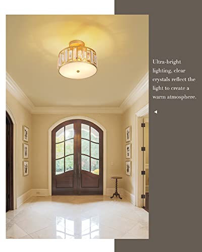 Cargifak Crystal Ceiling Light, 2-Light Gold Flush Mount Light Fixture, Drum Flush Mount Chandelier for Hallway Bedroom Bathroom Kitchen Laundry, CL5606-2W-G