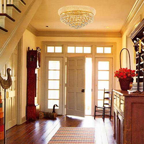 chandiry 9-Light Crystal Flush Mount Chandelier Ceiling Light Fixture for Dining Room Living Room Foyer Kitchen Entryway Hallway Bedroom (Gold D22)