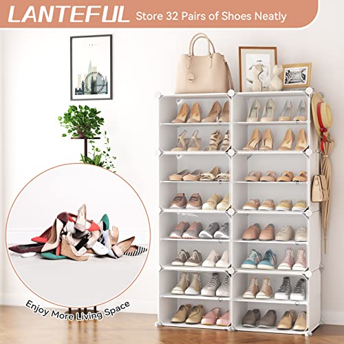 LANTEFUL Shoe Rack Organizer Shoe Storage Cabinet 8 Tiers 32 Pair Portable Shoe Storage Sturdy Plastic White Shoe Shelf with Hooks Shoe Rack with Door for Entryway, Bedroom and Hallway