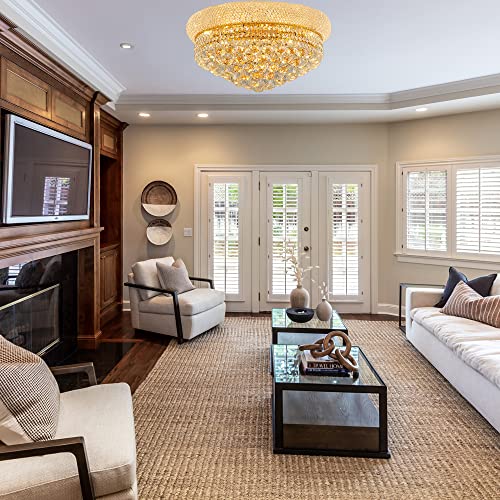 chandiry 9-Light Crystal Flush Mount Chandelier Ceiling Light Fixture for Dining Room Living Room Foyer Kitchen Entryway Hallway Bedroom (Gold D22)