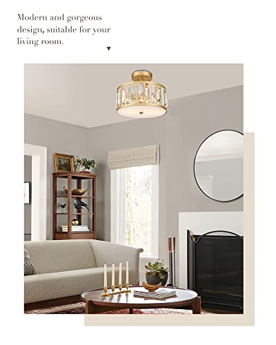 Cargifak Crystal Ceiling Light, 2-Light Gold Flush Mount Light Fixture, Drum Flush Mount Chandelier for Hallway Bedroom Bathroom Kitchen Laundry, CL5606-2W-G