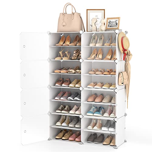 LANTEFUL Shoe Rack Organizer Shoe Storage Cabinet 8 Tiers 32 Pair Portable Shoe Storage Sturdy Plastic White Shoe Shelf with Hooks Shoe Rack with Door for Entryway, Bedroom and Hallway