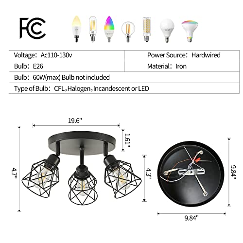Kitchen Light Fixtures Ceiling Mount, 3-Lights Multi-Directional Rotating Iron Lamp Shade, Black Flush Mount Ceiling Light Fixtures for Farmhouse, Hallway, entryway, Etc (E26 Bulb Not Included)