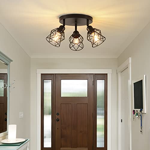 Kitchen Light Fixtures Ceiling Mount, 3-Lights Multi-Directional Rotating Iron Lamp Shade, Black Flush Mount Ceiling Light Fixtures for Farmhouse, Hallway, entryway, Etc (E26 Bulb Not Included)