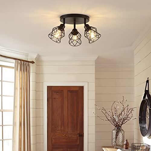 Kitchen Light Fixtures Ceiling Mount, 3-Lights Multi-Directional Rotating Iron Lamp Shade, Black Flush Mount Ceiling Light Fixtures for Farmhouse, Hallway, entryway, Etc (E26 Bulb Not Included)