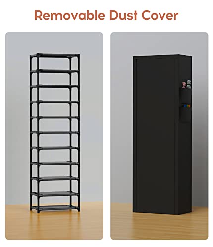 VTRIN Vertical Narrow Shoe Rack Organizer Tall Shoe Rack for Closet Entryway 10 Tier Non-woven Cover Shoe Shelf Holds 20-22 Pairs Free Standing Shoe Storage Cabinet with Dustproof Cover