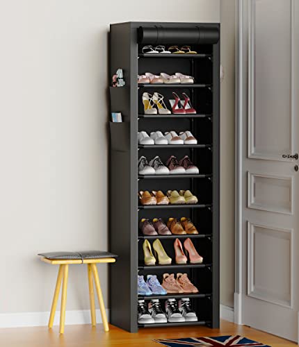 VTRIN Vertical Narrow Shoe Rack Organizer Tall Shoe Rack for Closet Entryway 10 Tier Non-woven Cover Shoe Shelf Holds 20-22 Pairs Free Standing Shoe Storage Cabinet with Dustproof Cover