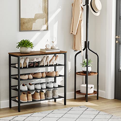 HOOBRO Shoe Rack, 5-Tier Shoe Storage with Adjustable Mesh Shelves, 16-20 Pairs of Shoes, Stable and Durable, Spacious Top, Freestanding, Metal, Industrial, for Entryway, Closet, Rustic Brown BF12XJ01