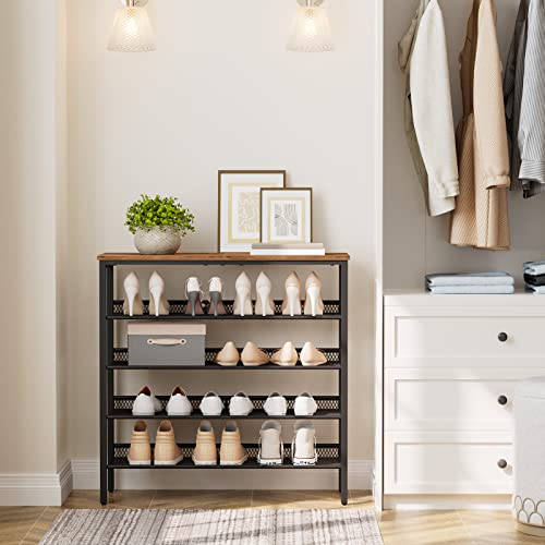 HOOBRO Shoe Rack, 5-Tier Shoe Storage with Adjustable Mesh Shelves, 16-20 Pairs of Shoes, Stable and Durable, Spacious Top, Freestanding, Metal, Industrial, for Entryway, Closet, Rustic Brown BF12XJ01