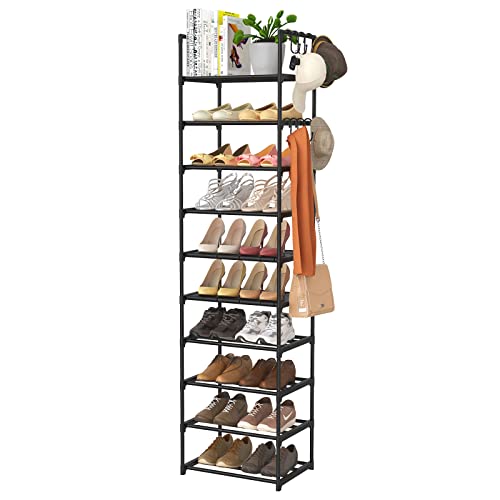 ROJASOP Tall Shoe Rack 10 Tiers Narrow Shoe Rack 20-24 Pairs Vertical Shoe Rack Space Saving Stackable Tall Shoe Rack for Closet Entryway Durable Shoe Shelf Storage Metal Shoe Tower with 8 Hooks