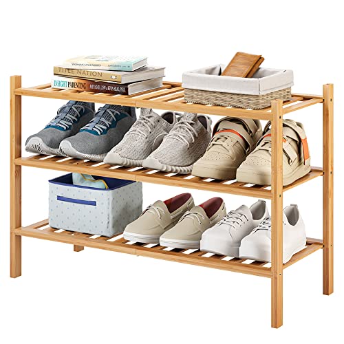Furshus 3-Tier Bamboo Shoe Rack for Entryway, Stackable | Heavy Duty | Multi-Function, Free Standing Shoe Racks for Bedroom Hallway Closet