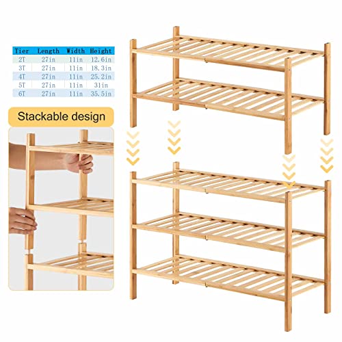 Furshus 3-Tier Bamboo Shoe Rack for Entryway, Stackable | Heavy Duty | Multi-Function, Free Standing Shoe Racks for Bedroom Hallway Closet