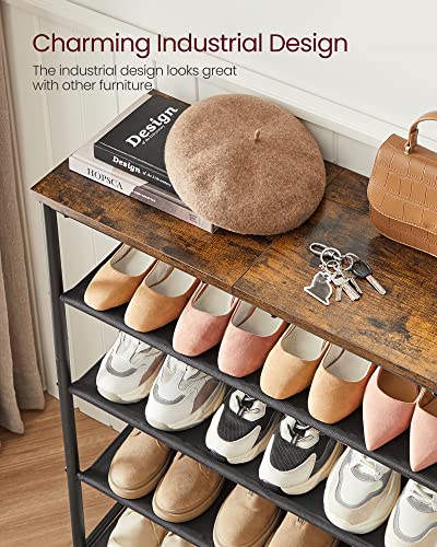 VASAGLE Shoe Rack 5 Tier, Narrow Shoe Organizer for Closet Entryway, with 4 Fabric Shelves and Top for Bags, Shoe Shelf, Steel Frame, Industrial, Rustic Brown and Black ULBS036B01