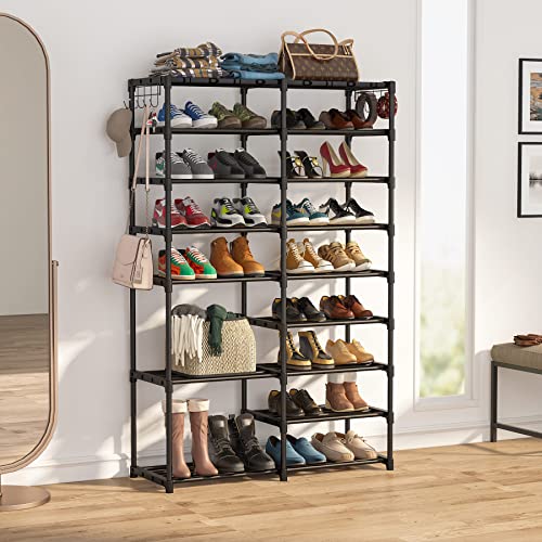 Tribesigns Shoe Rack Organizer,32-40 Pairs Shoe Storage Shelf,9 Tiers Shoe Stand,Shoe Rack for Closet,Boot Organizer with 2 Hooks,Stackable Shoe Tower