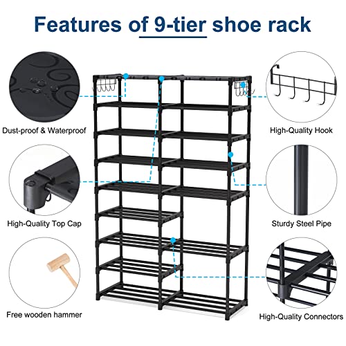 Tribesigns Shoe Rack Organizer,32-40 Pairs Shoe Storage Shelf,9 Tiers Shoe Stand,Shoe Rack for Closet,Boot Organizer with 2 Hooks,Stackable Shoe Tower