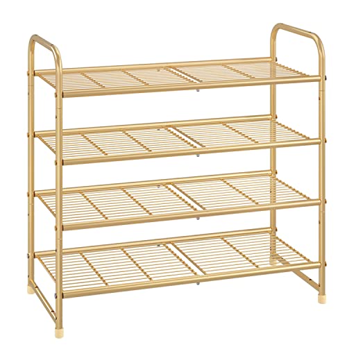 Simple Trending 4-Tier Stackable Shoe Rack, Expandable & Adjustable Shoe Organizer Storage Shelf, Wire Grid, Golden Yellow