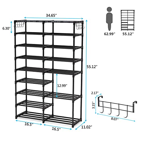 Tribesigns Shoe Rack Organizer,32-40 Pairs Shoe Storage Shelf,9 Tiers Shoe Stand,Shoe Rack for Closet,Boot Organizer with 2 Hooks,Stackable Shoe Tower