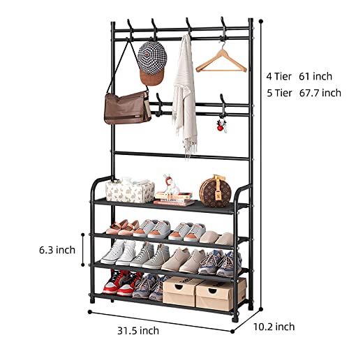 WEECRON Shoe Rack and Coat 4 Tier Entryway Coat Rack Storage Organizer with 8 Hooks for Bedroom Hallway Office, Black