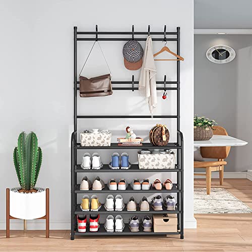 WEECRON Shoe Rack and Coat 4 Tier Entryway Coat Rack Storage Organizer with 8 Hooks for Bedroom Hallway Office, Black