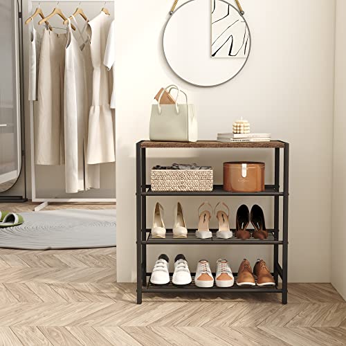 HOMEFORT 4-Tier Shoe Rack, Shoe Storage Shelf, Industrial Shoe Tower, Narrow Shoe Organizer for Closet Entryway, Small Shoe Rack Table with Durable Metal Shelves, Rustic Brown