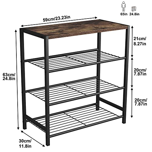 HOMEFORT 4-Tier Shoe Rack, Shoe Storage Shelf, Industrial Shoe Tower, Narrow Shoe Organizer for Closet Entryway, Small Shoe Rack Table with Durable Metal Shelves, Rustic Brown