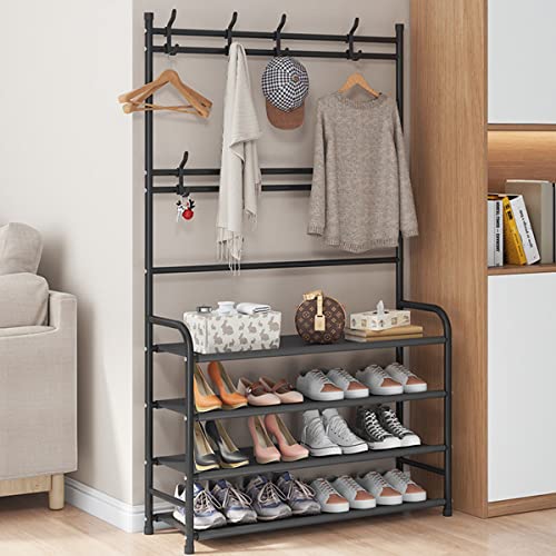 WEECRON Shoe Rack and Coat 4 Tier Entryway Coat Rack Storage Organizer with 8 Hooks for Bedroom Hallway Office, Black