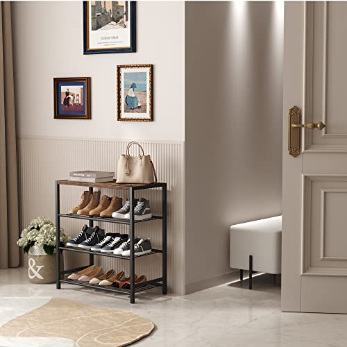 HOMEFORT 4-Tier Shoe Rack, Shoe Storage Shelf, Industrial Shoe Tower, Narrow Shoe Organizer for Closet Entryway, Small Shoe Rack Table with Durable Metal Shelves, Rustic Brown