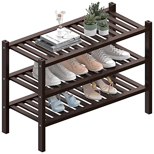 ROMGUAR CRAFT 3 Tier Bamboo Shoe Rack for Closet Free Standing Wood Shoe Shelf for Entryway Small Space Stackable 27"x12"x21" (Black Brown)