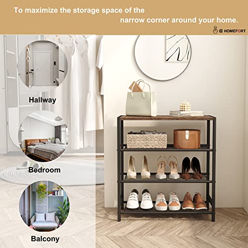 HOMEFORT 4-Tier Shoe Rack, Shoe Storage Shelf, Industrial Shoe Tower, Narrow Shoe Organizer for Closet Entryway, Small Shoe Rack Table with Durable Metal Shelves, Rustic Brown