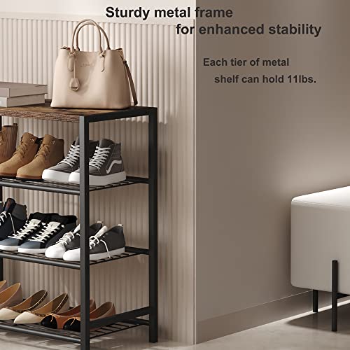 HOMEFORT 4-Tier Shoe Rack, Shoe Storage Shelf, Industrial Shoe Tower, Narrow Shoe Organizer for Closet Entryway, Small Shoe Rack Table with Durable Metal Shelves, Rustic Brown